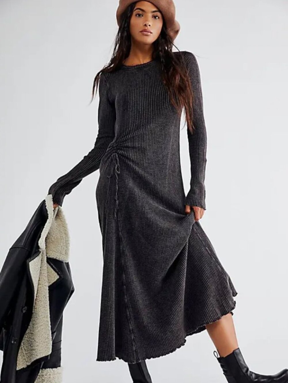 Free People FP One - Natasha Long Sleeve Waffle/Thermal Maxi Dress XS, Black